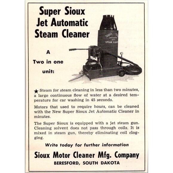 Sioux Motor Cleaner Mfg. Company Jet Automatic Steam Cleaner SD 1953 Ad SAI2-H8 - Picture 1 of 2
